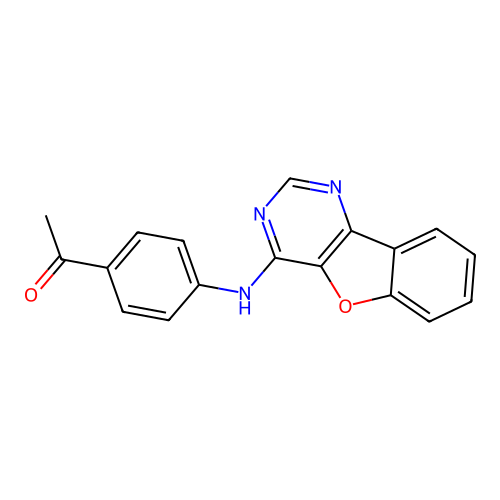1-{4-[(4E)-[1]benzofuro[3,2-d]pyrimidin-4(3H)-ylideneamino]phenyl}ethanone structure