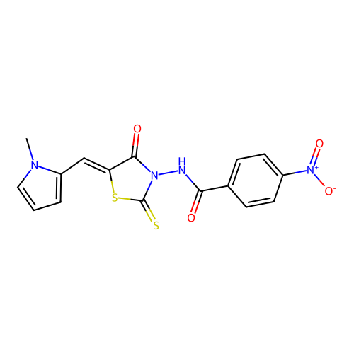 (Z)-N-(5-((1-methyl-1H-pyrrol-2-yl)methylene)-4-oxo-2-thioxothiazolidin-3-yl)-4-nitrobenzamide structure