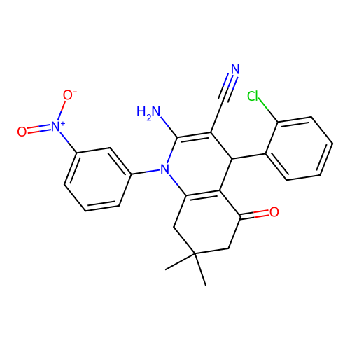 2-amino-4-(2-chlorophenyl)-7,7-dimethyl-1-(3-nitrophenyl)-5-oxo-1,4,5,6,7,8-hexahydroquinoline-3-carbonitrile structure