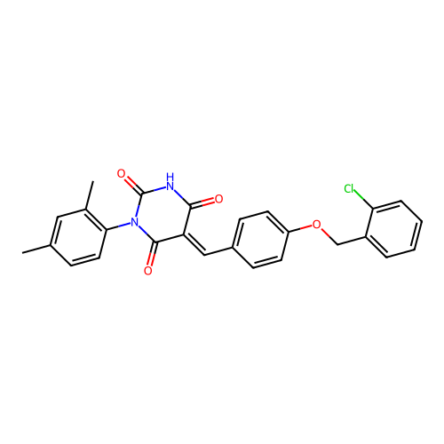 (5E)-5-[[4-[(2-chlorophenyl)methoxy]phenyl]methylidene]-1-(2,4-dimethylphenyl)-1,3-diazinane-2,4,6-trione structure