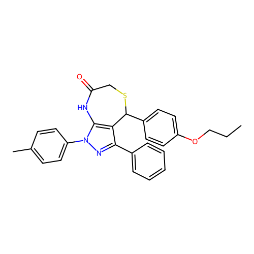 1-(4-methylphenyl)-3-phenyl-4-(4-propoxyphenyl)-2,4-dihydropyrazolo[3,4-e][1,4]thiazepin-7-one structure