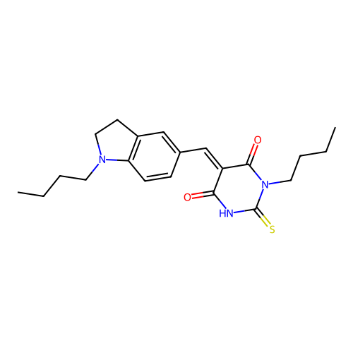 (E)-1-butyl-5-((1-butylindolin-5-yl)methylene)-2-thioxodihydropyrimidine-4,6(1H,5H)-dione structure
