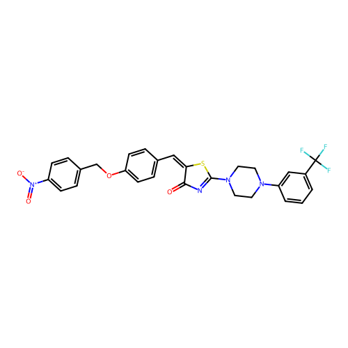 (E)-5-(4-((4-nitrobenzyl)oxy)benzylidene)-2-(4-(3-(trifluoromethyl)phenyl)piperazin-1-yl)thiazol-4(5H)-one structure