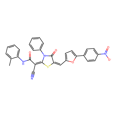 (2E)-2-cyano-N-(2-methylphenyl)-2-[(5E)-5-[[5-(4-nitrophenyl)furan-2-yl]methylidene]-4-oxo-3-phenyl-1,3-thiazolidin-2-ylidene]acetamide structure