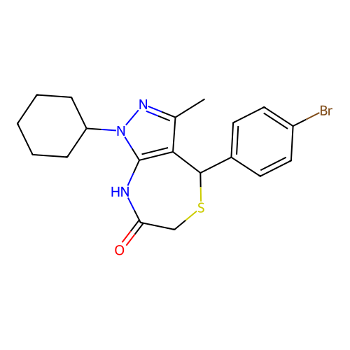 4-(4-bromophenyl)-1-cyclohexyl-3-methyl-2,4-dihydropyrazolo[3,4-e][1,4]thiazepin-7-one structure