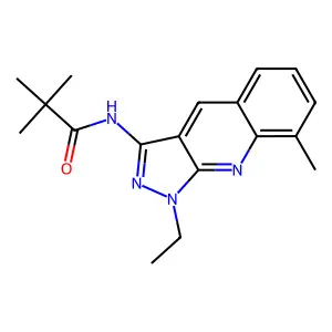 N-(1-ethyl-8-methylpyrazolo[3,4-b]quinolin-3-yl)-2,2-dimethylpropanamide structure