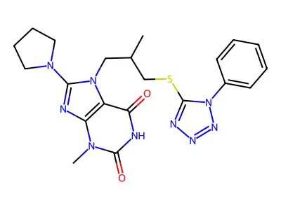 3-methyl-7-(2-methyl-3-((1-phenyl-1H-tetrazol-5-yl)thio)propyl)-8-(pyrrolidin-1-yl)-1H-purine-2,6(3H,7H)-dione structure