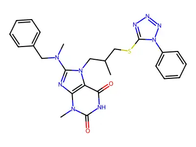 8-(benzyl(methyl)amino)-3-methyl-7-(2-methyl-3-((1-phenyl-1H-tetrazol-5-yl)thio)propyl)-1H-purine-2,6(3H,7H)-dione structure