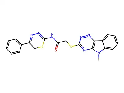2-[(5-methyl-[1,2,4]triazino[5,6-b]indol-3-yl)sulfanyl]-N-(5-phenyl-6H-1,3,4-thiadiazin-2-yl)acetamide structure