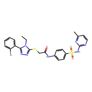 2-[[5-(2-bromophenyl)-4-ethyl-1,2,4-triazol-3-yl]sulfanyl]-N-[4-[(4-methylpyrimidin-2-yl)sulfamoyl]phenyl]acetamide structure