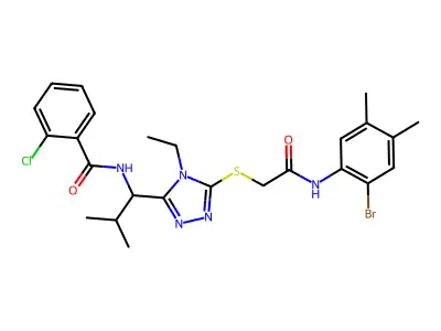 N-[1-[5-[2-(2-bromo-4,5-dimethylanilino)-2-oxoethyl]sulfanyl-4-ethyl-1,2,4-triazol-3-yl]-2-methylpropyl]-2-chlorobenzamide structure