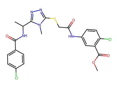 methyl 2-chloro-5-[({[5-(1-{[(4-chlorophenyl)carbonyl]amino}ethyl)-4-methyl-4H-1,2,4-triazol-3-yl]sulfanyl}acetyl)amino]benzoate structure