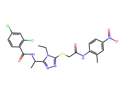 2,4-dichloro-N-[1-[4-ethyl-5-[2-(2-methyl-4-nitroanilino)-2-oxoethyl]sulfanyl-1,2,4-triazol-3-yl]ethyl]benzamide structure