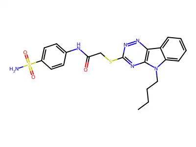 2-[(5-butyl-[1,2,4]triazino[5,6-b]indol-3-yl)sulfanyl]-N-(4-sulfamoylphenyl)acetamide structure