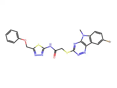 2-[(8-bromo-5-methyl-[1,2,4]triazino[5,6-b]indol-3-yl)sulfanyl]-N-[5-(phenoxymethyl)-1,3,4-thiadiazol-2-yl]acetamide structure