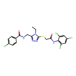 4-chloro-N-[[4-ethyl-5-[2-oxo-2-(2,4,6-trichloroanilino)ethyl]sulfanyl-1,2,4-triazol-3-yl]methyl]benzamide structure