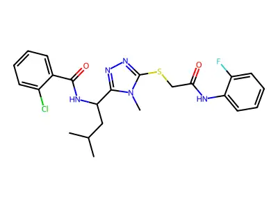 2-chloro-N-[1-[5-[2-(2-fluoroanilino)-2-oxoethyl]sulfanyl-4-methyl-1,2,4-triazol-3-yl]-3-methylbutyl]benzamide structure