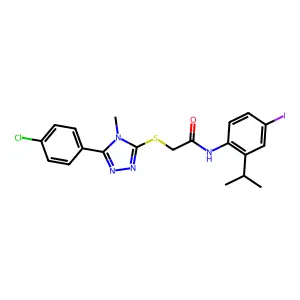 2-[[5-(4-chlorophenyl)-4-methyl-1,2,4-triazol-3-yl]sulfanyl]-N-(4-iodo-2-propan-2-ylphenyl)acetamide structure