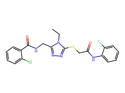2-chloro-N-[[4-ethyl-5-[2-(2-fluoroanilino)-2-oxoethyl]sulfanyl-1,2,4-triazol-3-yl]methyl]benzamide structure