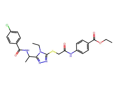 ethyl 4-[({[5-(1-{[(4-chlorophenyl)carbonyl]amino}ethyl)-4-ethyl-4H-1,2,4-triazol-3-yl]sulfanyl}acetyl)amino]benzoate structure
