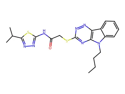 2-[(5-butyl-[1,2,4]triazino[5,6-b]indol-3-yl)sulfanyl]-N-(5-propan-2-yl-1,3,4-thiadiazol-2-yl)acetamide structure