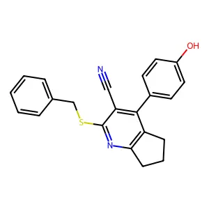 2-(benzylsulfanyl)-4-(4-hydroxyphenyl)-6,7-dihydro-5H-cyclopenta[b]pyridine-3-carbonitrile structure