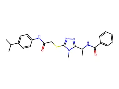 N-(1-{4-methyl-5-[(2-oxo-2-{[4-(propan-2-yl)phenyl]amino}ethyl)sulfanyl]-4H-1,2,4-triazol-3-yl}ethyl)benzamide structure