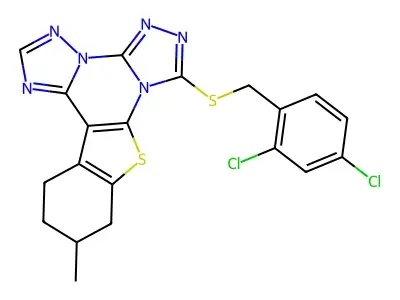 7-((2,4-dichlorobenzyl)thio)-11-methyl-10,11,12,13-tetrahydrobenzo[4,5]thieno[3,2-e]bis([1,2,4]triazolo)[4,3-a:1',5'-c]pyrimidine structure