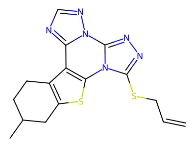 7-(allylthio)-11-methyl-10,11,12,13-tetrahydrobenzo[4,5]thieno[3,2-e]bis([1,2,4]triazolo)[4,3-a:1',5'-c]pyrimidine structure