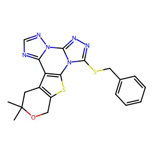 7-(benzylthio)-12,12-dimethyl-12,13-dihydro-10H-pyrano[4',3':4,5]thieno[3,2-e]bis([1,2,4]triazolo)[4,3-a:1',5'-c]pyrimidine structure