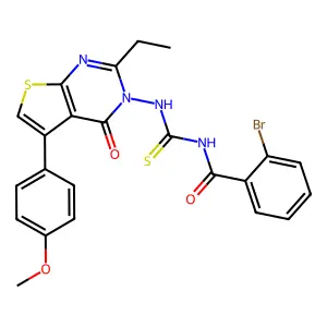 2-bromo-N-[[2-ethyl-5-(4-methoxyphenyl)-4-oxothieno[2,3-d]pyrimidin-3-yl]carbamothioyl]benzamide structure