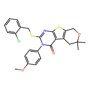 2-((2-chlorobenzyl)thio)-3-(4-methoxyphenyl)-6,6-dimethyl-5,6-dihydro-3H-pyrano[4',3':4,5]thieno[2,3-d]pyrimidin-4(8H)-one structure