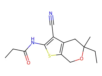 N-(3-cyano-5-ethyl-5-methyl-4,7-dihydrothieno[2,3-c]pyran-2-yl)propanamide structure