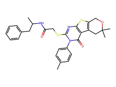 2-((6,6-dimethyl-4-oxo-3-(p-tolyl)-4,5,6,8-tetrahydro-3H-pyrano[4',3':4,5]thieno[2,3-d]pyrimidin-2-yl)thio)-N-(1-phenylpropan-2-yl)acetamide structure