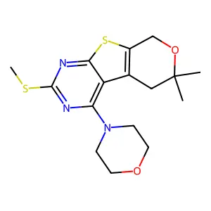 6,6-dimethyl-2-(methylsulfanyl)-4-(morpholin-4-yl)-5,8-dihydro-6H-pyrano[4',3':4,5]thieno[2,3-d]pyrimidine structure
