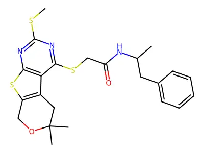2-((6,6-dimethyl-2-(methylthio)-6,8-dihydro-5H-pyrano[4',3':4,5]thieno[2,3-d]pyrimidin-4-yl)thio)-N-(1-phenylpropan-2-yl)acetamide structure