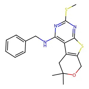 N-benzyl-6,6-dimethyl-2-(methylsulfanyl)-5,8-dihydro-6H-pyrano[4',3':4,5]thieno[2,3-d]pyrimidin-4-amine structure