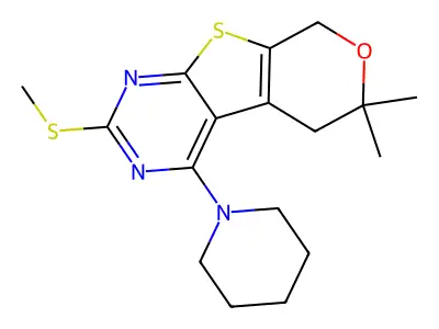 6,6-dimethyl-2-(methylsulfanyl)-4-(piperidin-1-yl)-5,8-dihydro-6H-pyrano[4',3':4,5]thieno[2,3-d]pyrimidine structure