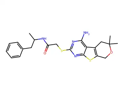 2-((4-amino-6,6-dimethyl-6,8-dihydro-5H-pyrano[4',3':4,5]thieno[2,3-d]pyrimidin-2-yl)thio)-N-(1-phenylpropan-2-yl)acetamide structure