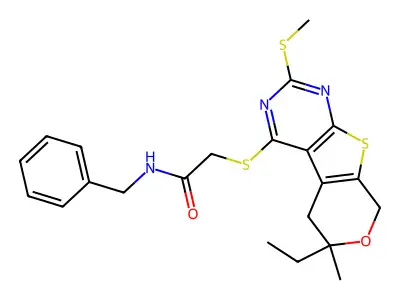 N-benzyl-2-((6-ethyl-6-methyl-2-(methylthio)-6,8-dihydro-5H-pyrano[4',3':4,5]thieno[2,3-d]pyrimidin-4-yl)thio)acetamide structure