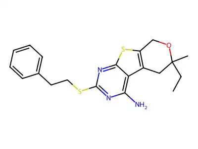6-ethyl-6-methyl-2-[(2-phenylethyl)sulfanyl]-5,8-dihydro-6H-pyrano[4',3':4,5]thieno[2,3-d]pyrimidin-4-amine structure