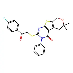 2-((2-(4-fluorophenyl)-2-oxoethyl)thio)-6,6-dimethyl-3-phenyl-5,6-dihydro-3H-pyrano[4',3':4,5]thieno[2,3-d]pyrimidin-4(8H)-one structure