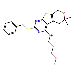 2-(benzylsulfanyl)-N-(3-methoxypropyl)-6,6-dimethyl-5,8-dihydro-6H-pyrano[4',3':4,5]thieno[2,3-d]pyrimidin-4-amine structure