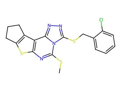3-((2-chlorobenzyl)thio)-5-(methylthio)-9,10-dihydro-8H-cyclopenta[4,5]thieno[3,2-e][1,2,4]triazolo[4,3-c]pyrimidine structure