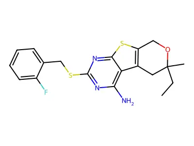 6-ethyl-2-[(2-fluorobenzyl)sulfanyl]-6-methyl-5,8-dihydro-6H-pyrano[4',3':4,5]thieno[2,3-d]pyrimidin-4-amine structure