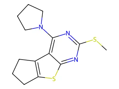 2-(methylthio)-4-(pyrrolidin-1-yl)-6,7-dihydro-5H-cyclopenta[4,5]thieno[2,3-d]pyrimidine structure