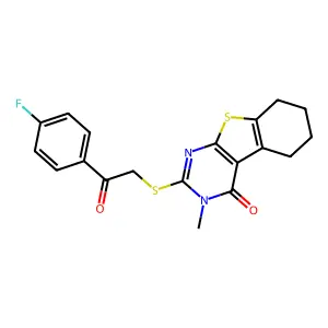 2-{[2-(4-fluorophenyl)-2-oxoethyl]sulfanyl}-3-methyl-5,6,7,8-tetrahydro[1]benzothieno[2,3-d]pyrimidin-4(3H)-one structure