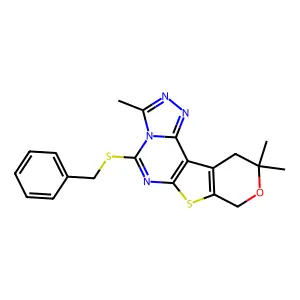 5-(benzylthio)-3,10,10-trimethyl-10,11-dihydro-8H-pyrano[4',3':4,5]thieno[3,2-e][1,2,4]triazolo[4,3-c]pyrimidine structure