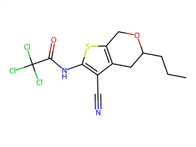 2,2,2-trichloro-N-(3-cyano-5-propyl-5,7-dihydro-4H-thieno[2,3-c]pyran-2-yl)acetamide structure