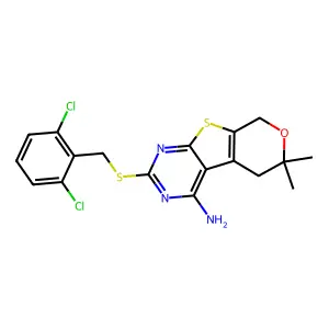 2-((2,6-dichlorobenzyl)thio)-6,6-dimethyl-6,8-dihydro-5H-pyrano[4',3':4,5]thieno[2,3-d]pyrimidin-4-amine structure
